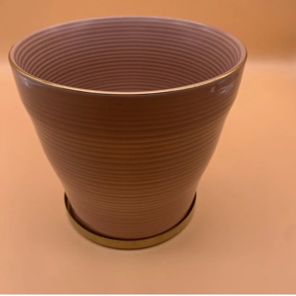 Modern‎ Ribbed Ceramic Planter Pot with Gold Saucer Light pink